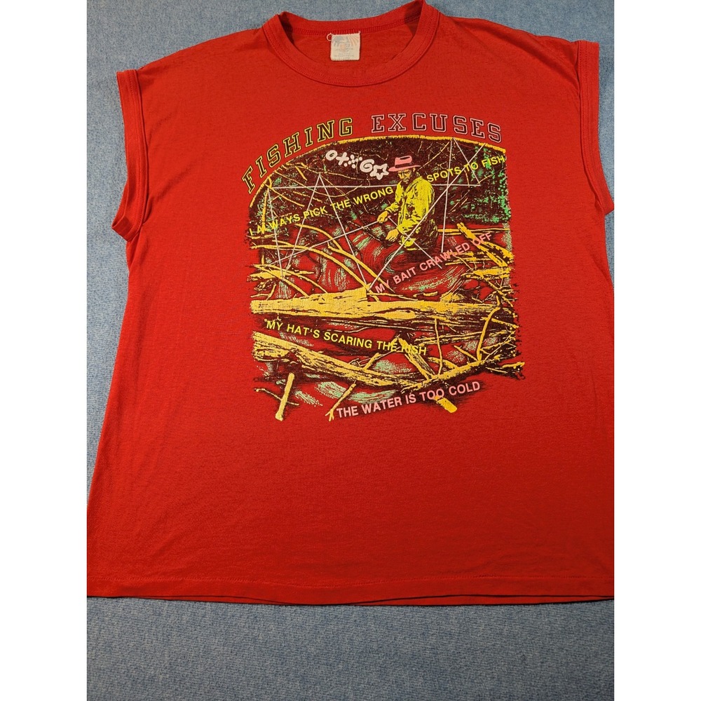 Vintage 80s DG Sportswear Fishing Excuses Muscle Tee Red Graphic Shirt XL USA